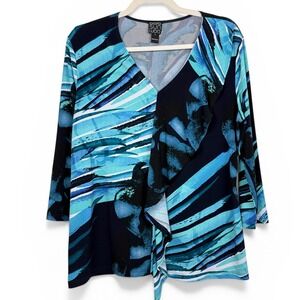 Clara Sunwoo Blue Abstract Brushstroke Ruffle Front V-Neck 3/4 Sleeve Top Large